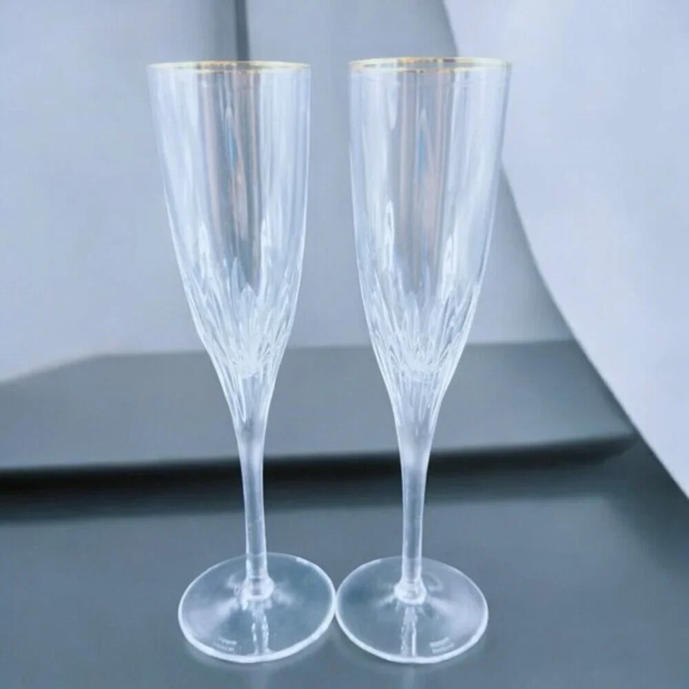 Waterford Marquis Claria‎ Gold Rim Champagne Flute Drinking Glasses Clear Set 2